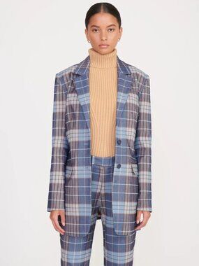 STAUD Blue and Tan Plaid Blazer